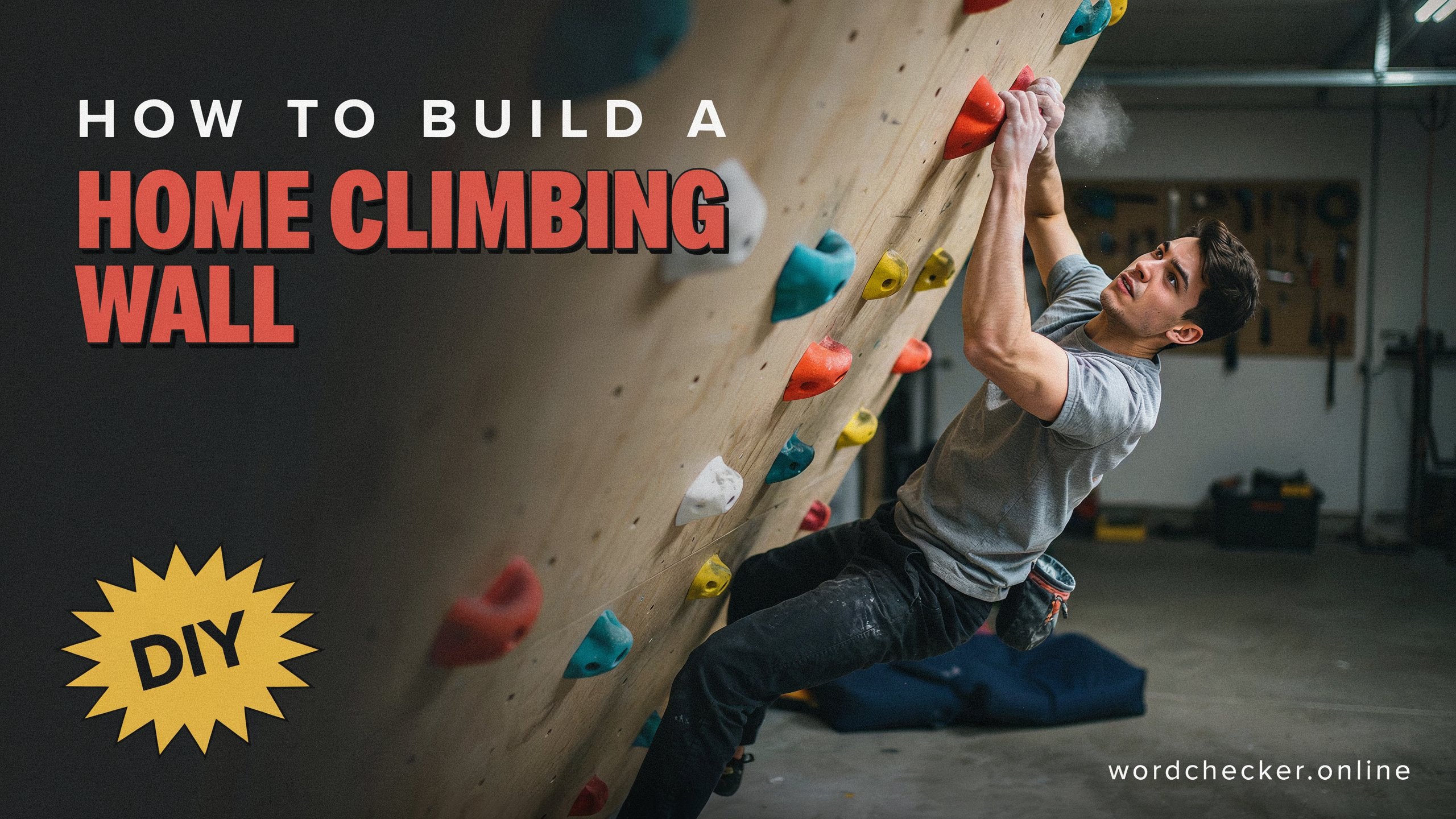 DIY home climbing wall with climbing holds and safety mats.